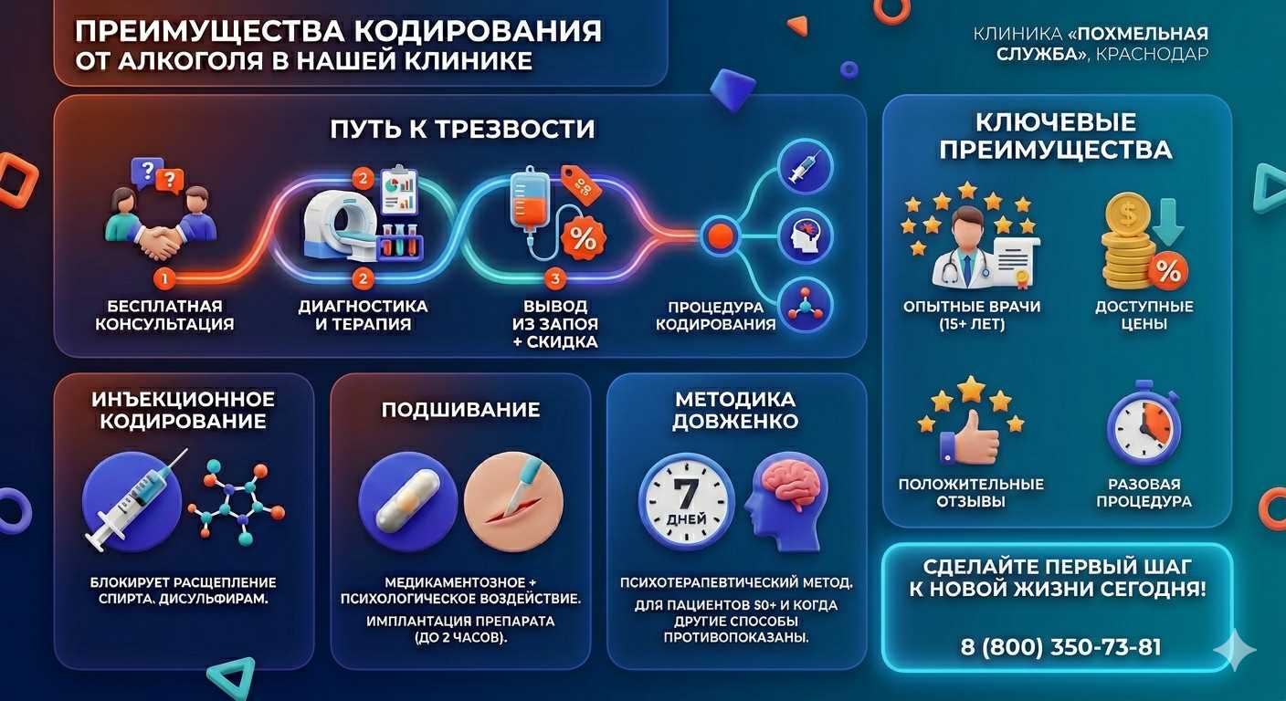 Инфографика о методах кодирования от алкоголя в Лямбире: инъекции, подшивание, метод Довженко. Преимущества клиники и этапы лечения.