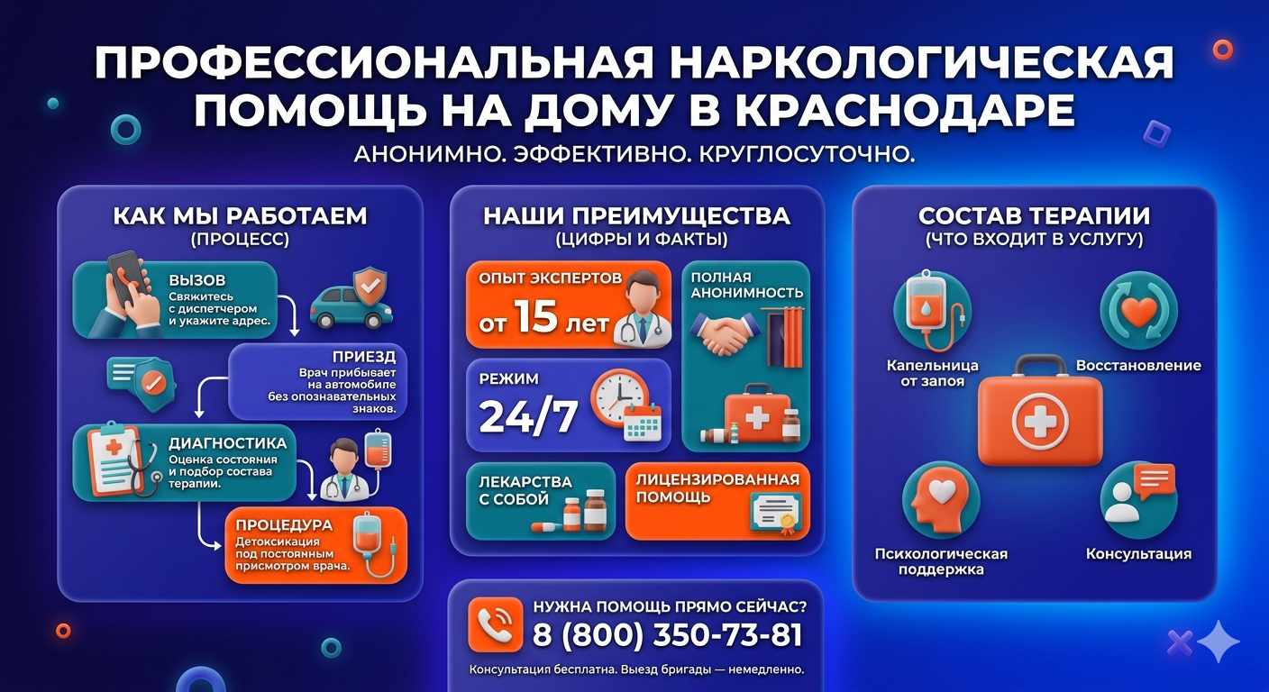 Инфографика о принципах лечения алкоголизма на дому в Лямбире: этапы вызова нарколога, преимущества анонимной детоксикации и состав медицинской помощи.